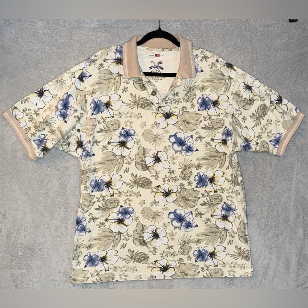 The Skins Game Golf Shirt Men’s Large Short Sleeve Floral Cotton Hibiscus Flower